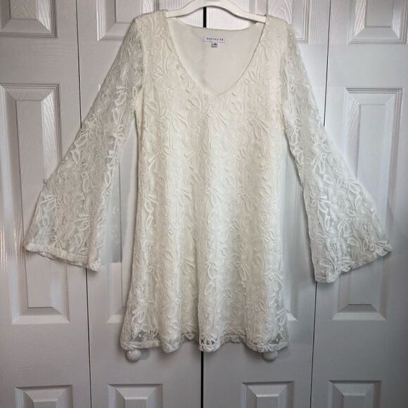 Socialite Dress Midi Wedding Ivory Lace Overlay Lace Bell Sleeves Small - Picture 4 of 7